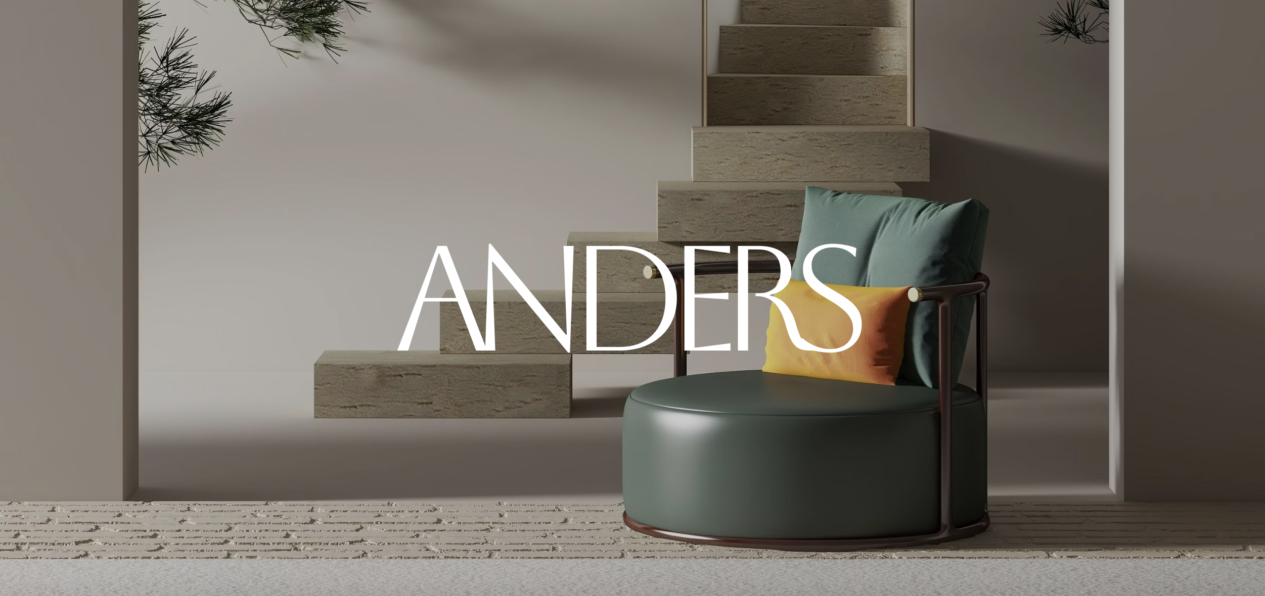 Anders brand wordmark in white placed on top of an image of a modern interior design.